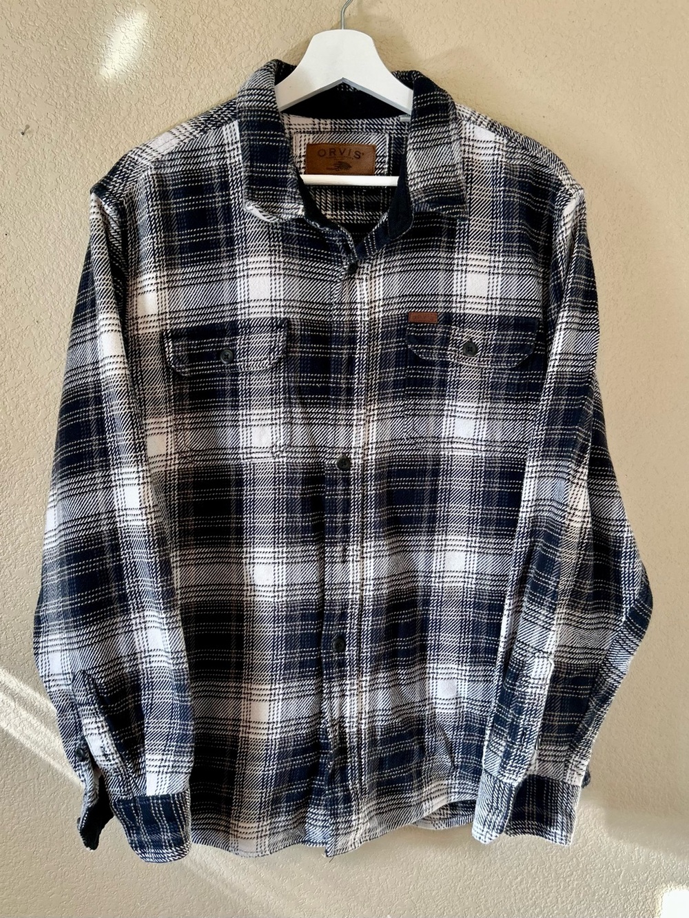 Orvis Men’s Navy & White Plaid Button-Up Shirt Cotton XL Workwear Heavy